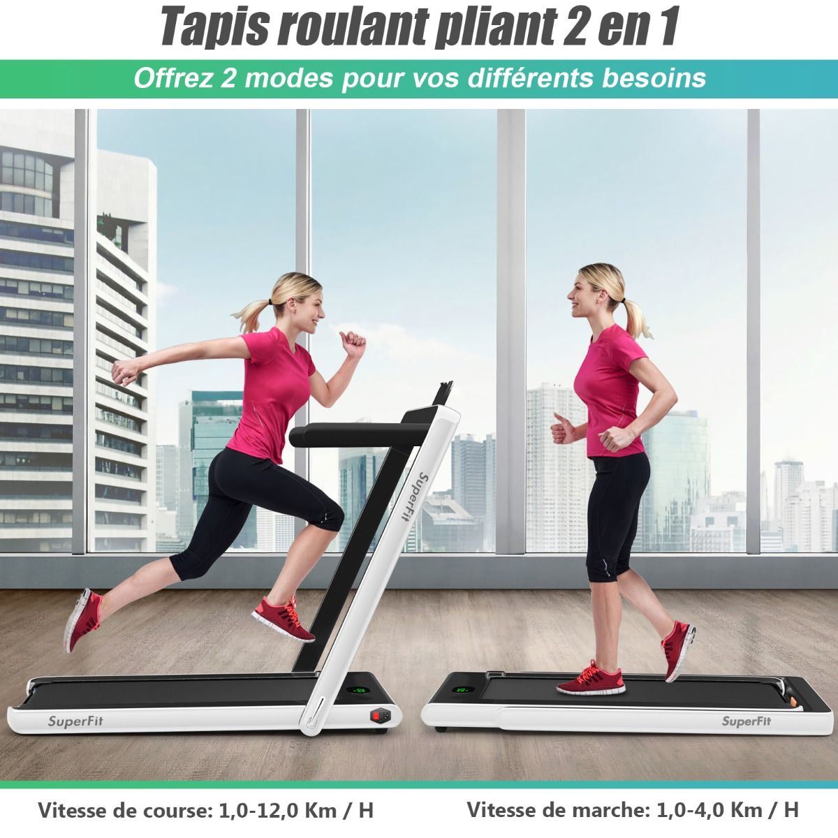 2 en 1 Tapis de Course Electrique Pliable 1  12 Km/H avec Haut-parleur Bluetooth Tlcommande Moteur 0,75HP Vert/Blanc/Noir/Rouge/Or/Noir et Argent/Bleu -