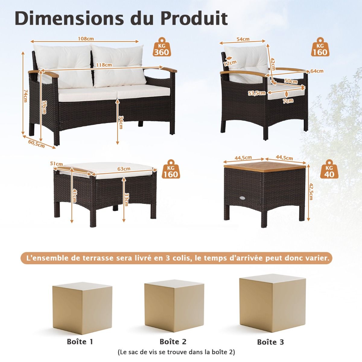Ensemble de Canapés de Patio en Rotin PE 7 Pièces avec Coussins d'Assise et de Dossier 2 Poufs 2 Tables Basses Plateau de Table -