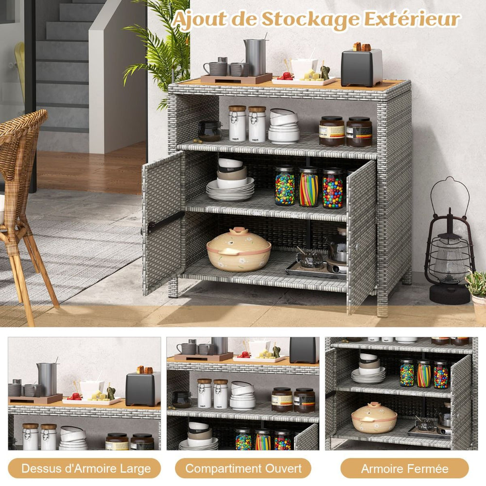 Armoire de Rangement Exterieur en Rotin Armoire de Jardin avec Plateau en Bois d'Acacia Compartiment Ouvert Buffet  2 Portes -