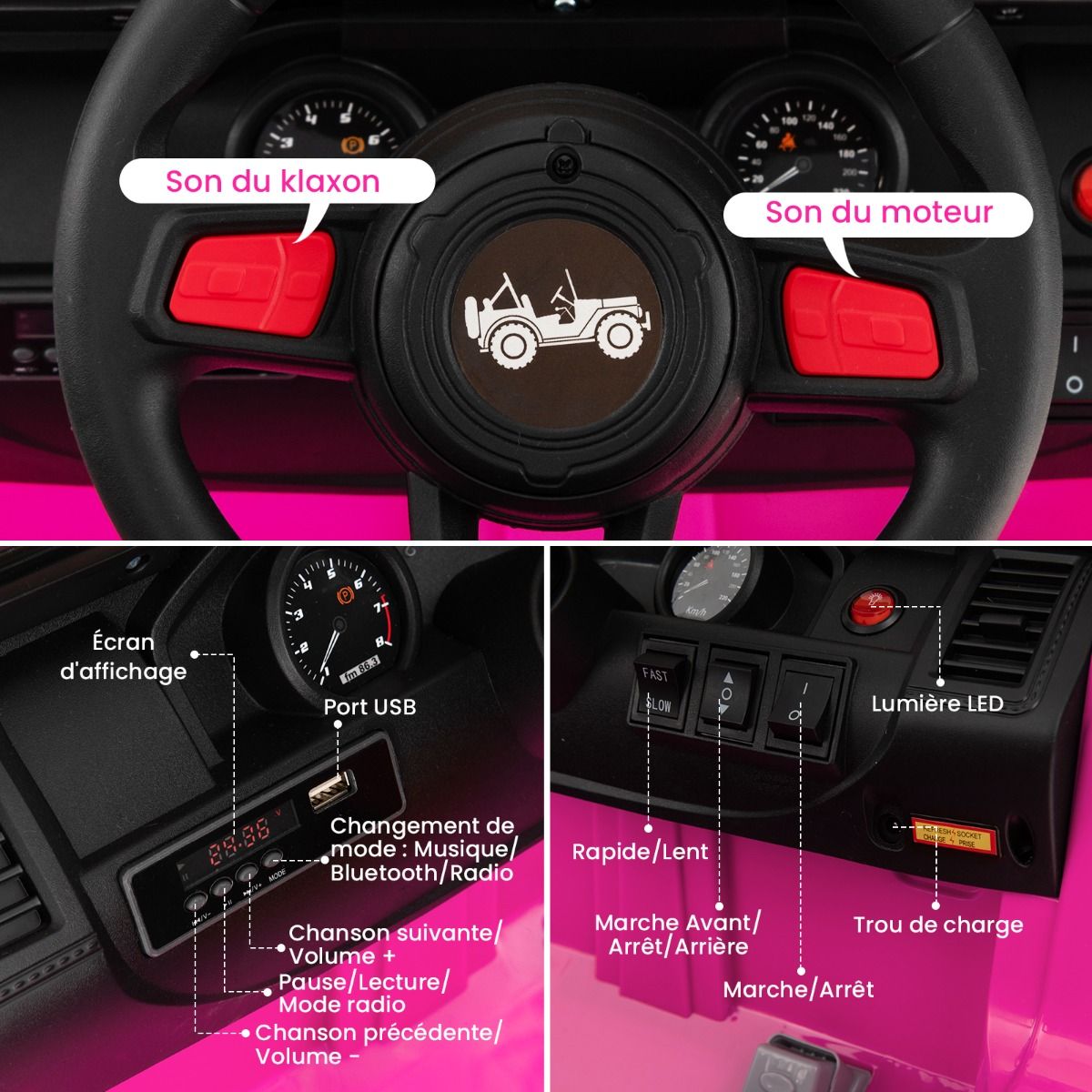 24V Voiture lectrique 2 Places Enfants avec Tlcommande 2,4G Musique LED Dmarrage Lent 2 Vitesses Charge 35kg pour 3-8 Ans+ Rouge/Rose/Vert -