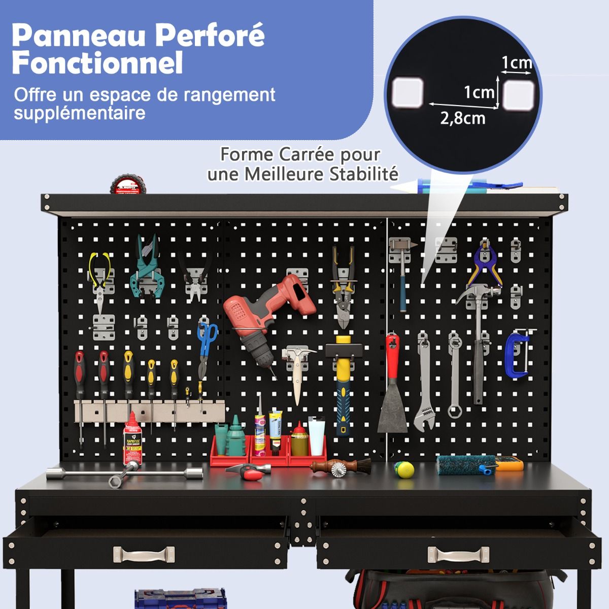 tabli de Bricolage 121 x 61 cm Table de Travail en Mtal de 230 kg avec 3 Panneaux Perfors 24 Accessoires de Suspension Noir/Bleu Marine -