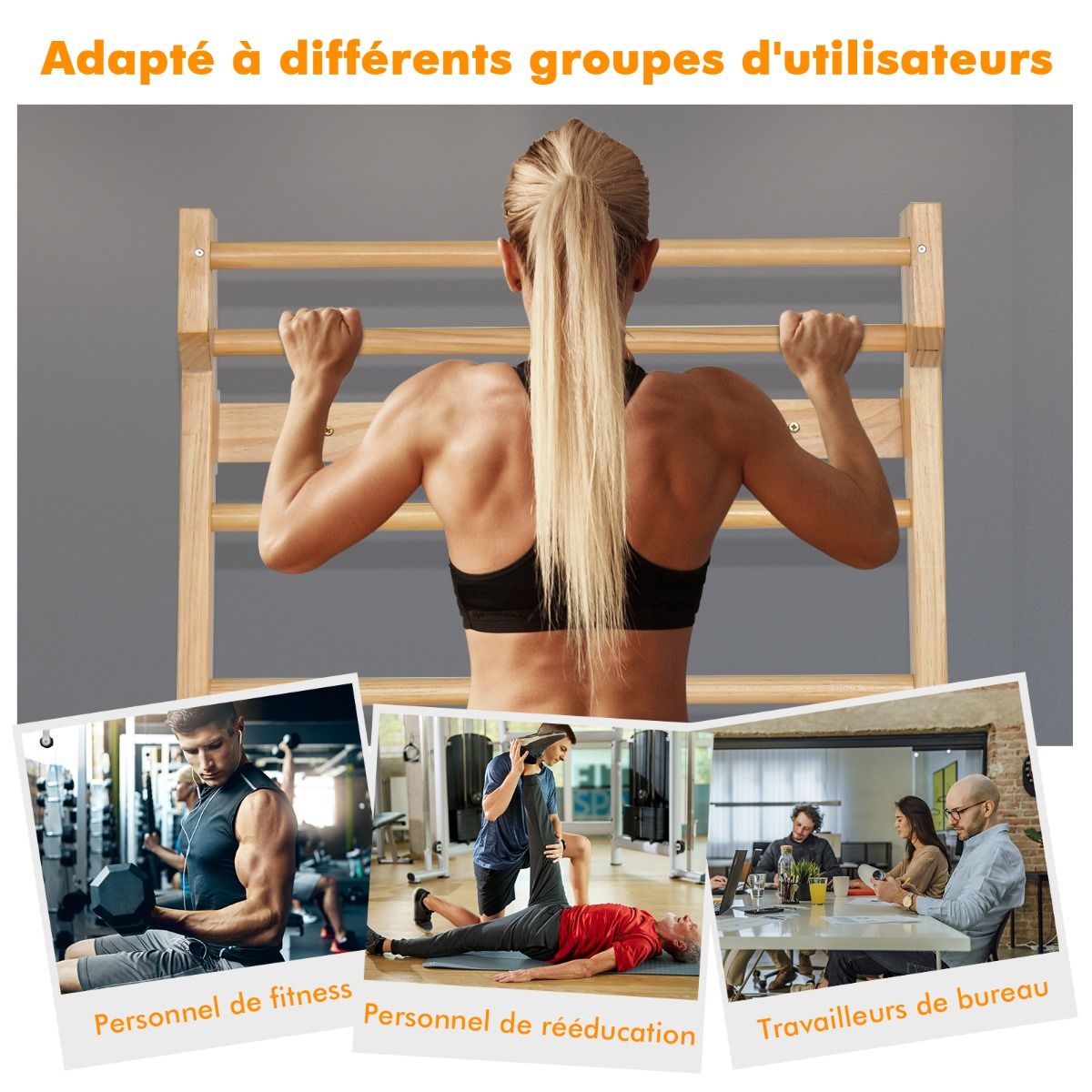 Espalier Mural Espalier de Gymnastique Capacité 150 kg Diamètre Barre 3,3 cm en Bois de Pin 195x80x14cm Naturel -