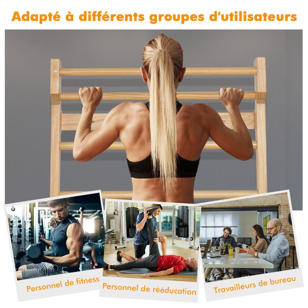 Espalier Mural Espalier de Gymnastique Capacité 150 kg Diamètre Barre 3,3 cm en Bois de Pin 195x80x14cm Naturel -