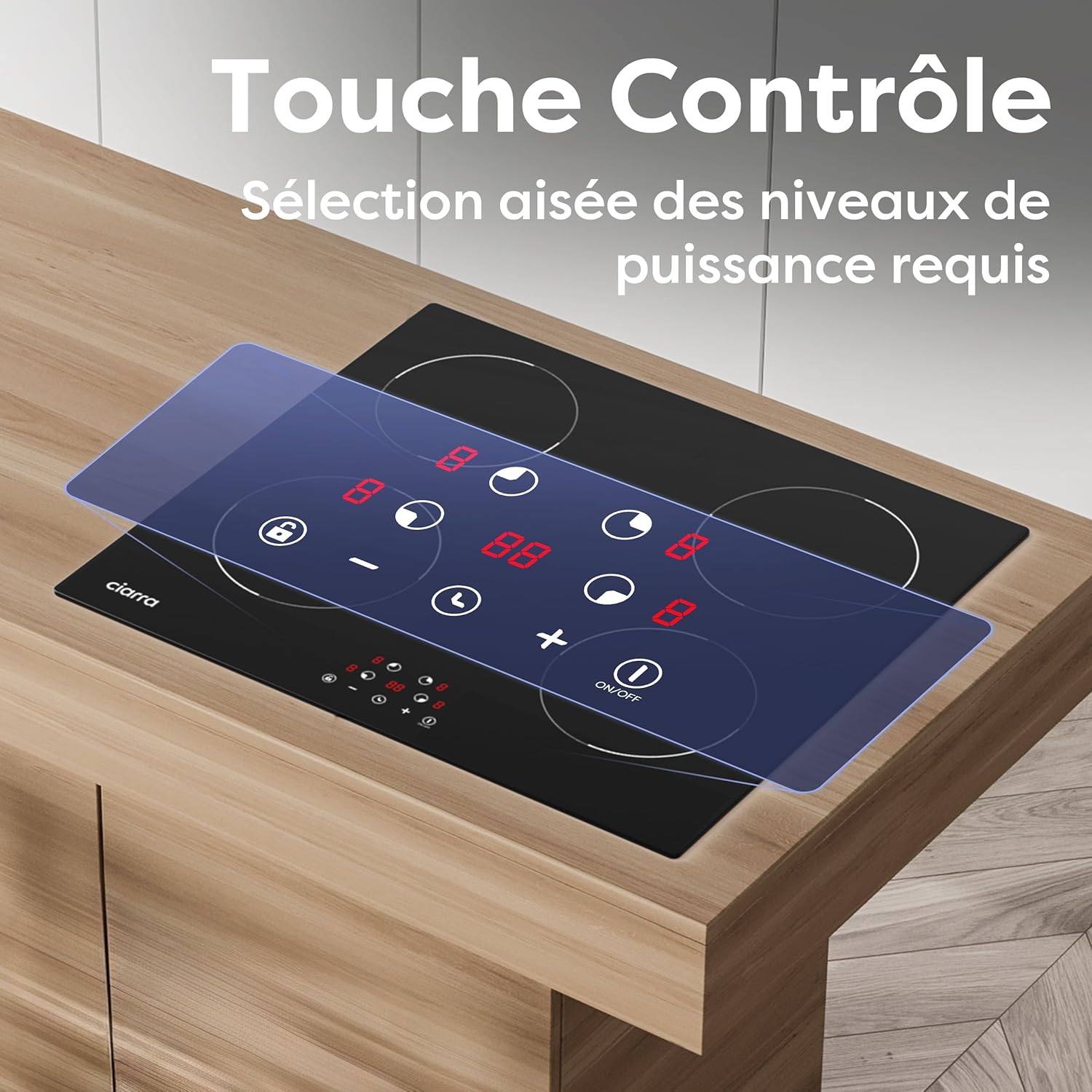 CIARRA Plaque à Induction 4 Feux 6000W - Commande Tactile - Plaque de Cuisson Encastrable - 9 Niveaux de Puissance- Minuteur - Verrouillage Enfant - CABBIH4-D