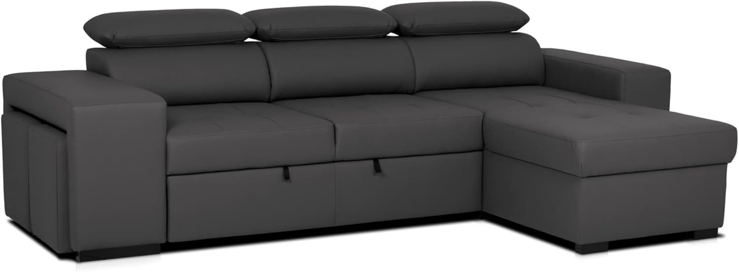 BUDWING John Canapé-Lit d’Angle 4 Places – Chaise Longue Réversible, Têtières Réglables et 2 Poufs – Revêtement en Polyuréthane – Style Moderne – 263x161x96 cm – Noir