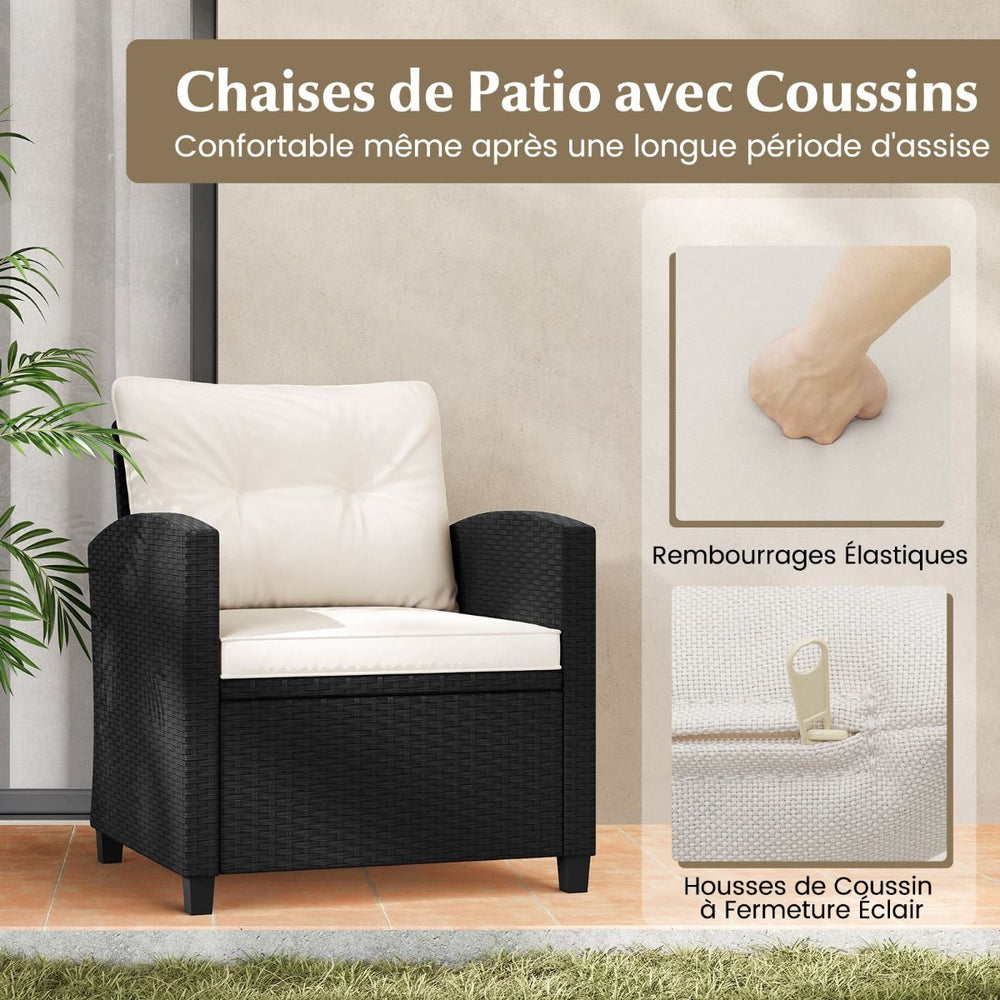 Ensemble de Meubles 3 Pices de Patio en Rotin Charge 180KG Salon de Jardin 2 Fauteuils Table Basse avec Plateau Noir/Beige/Blanc -