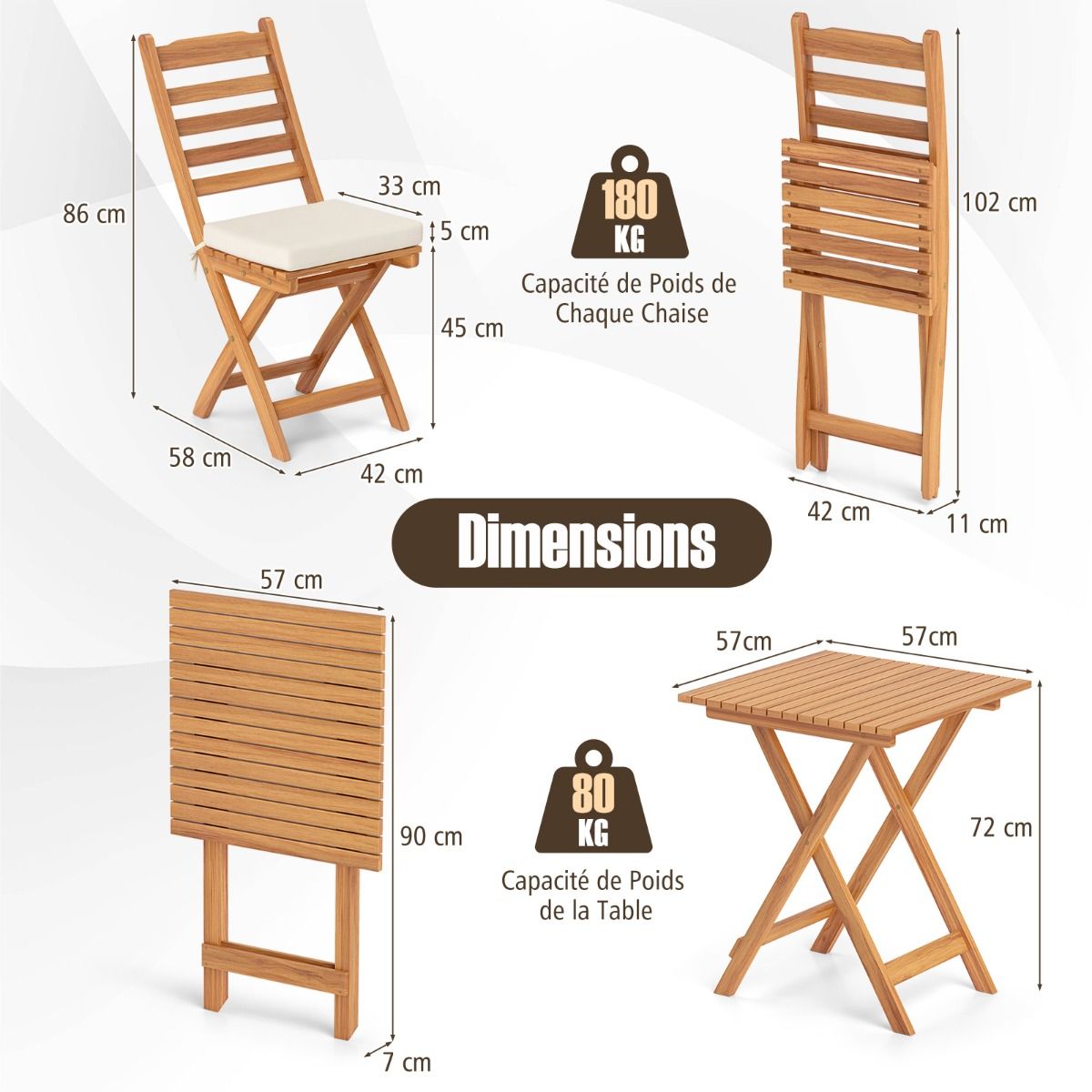 Ensemble Bistrot d'Extérieur en Bois d'Acacia Ensemble de Chaises Pliantes et Table Coussins de Siège Sans Accoudoirs à Dossier Haut Blanc -