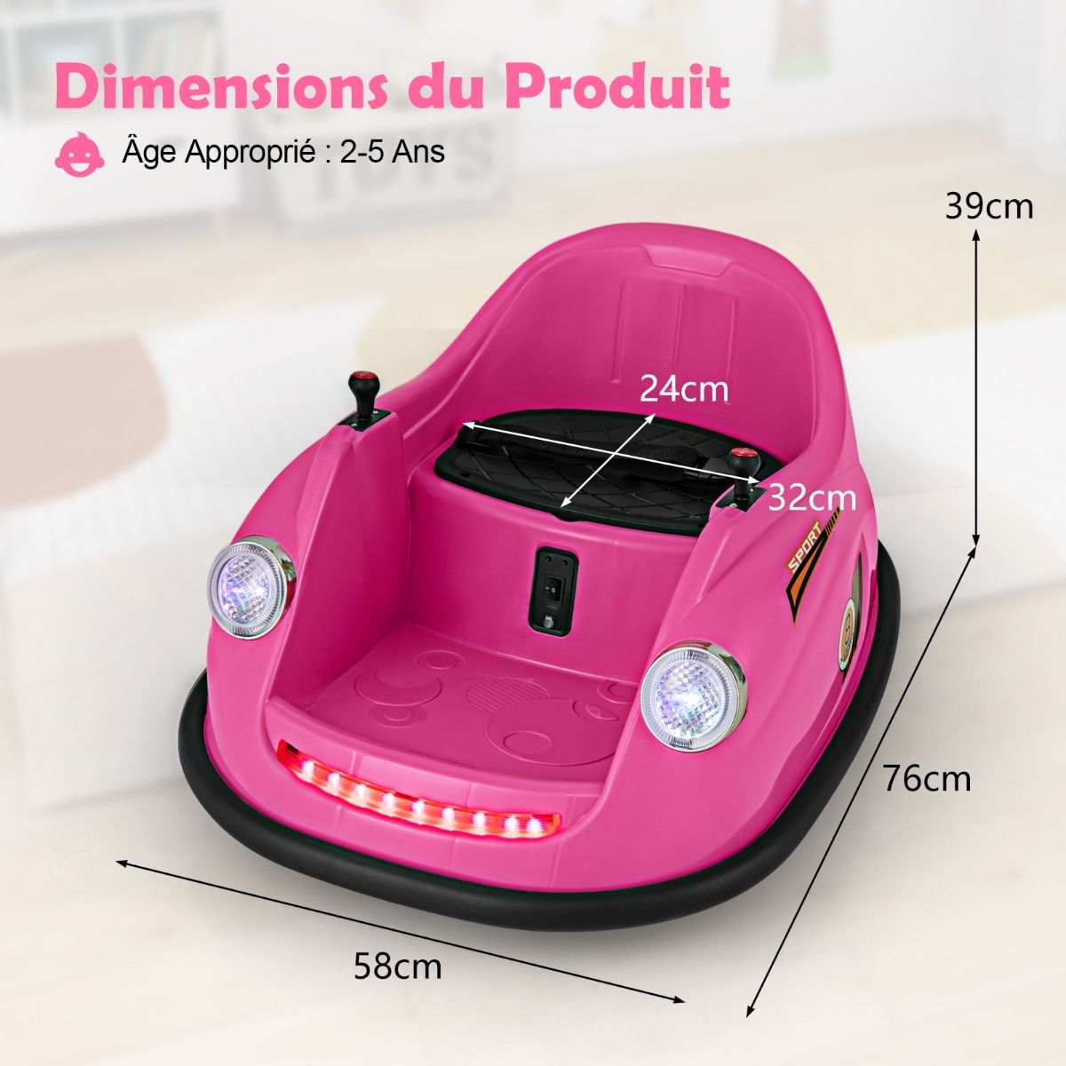 Auto-tamponneuse Electrique 12V pour Enfants Alimente par Batterie Tlcommande Lumires LED Musique pour les 2-5 Ans Rose/Rouge/Bleu -