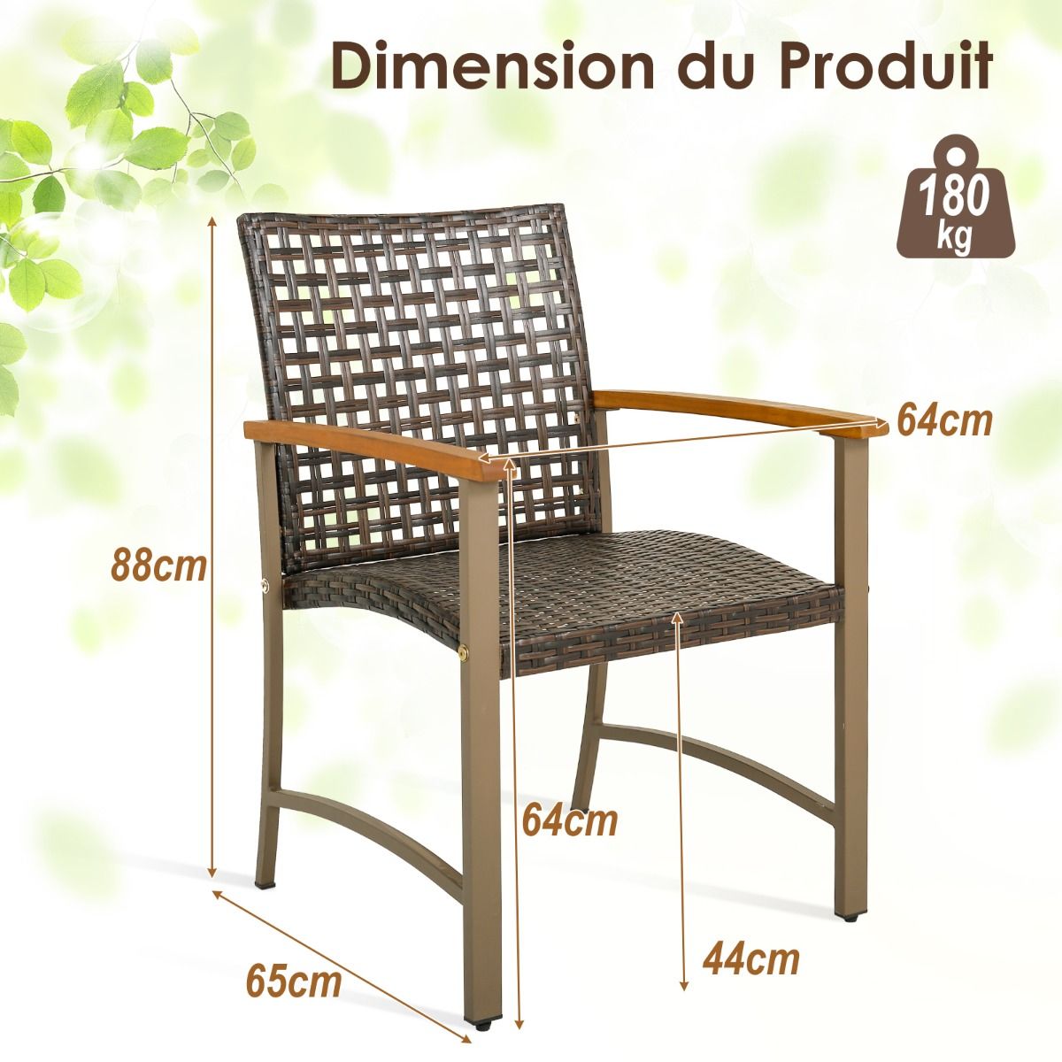 Ensemble de 4 Chaises en Rotin pour l'Extrieur Chaises avec Accoudoirs en Bois d'Acacia Structure Mtallique Robuste Chaises Ergonomiques -