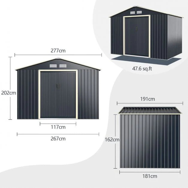 Abri de jardin en métal 5,29 277 x 191 x 202 cm avec 2 portes coulissantes verrouillables 4 trous d’aération pour vélo gris 20_0007629 -