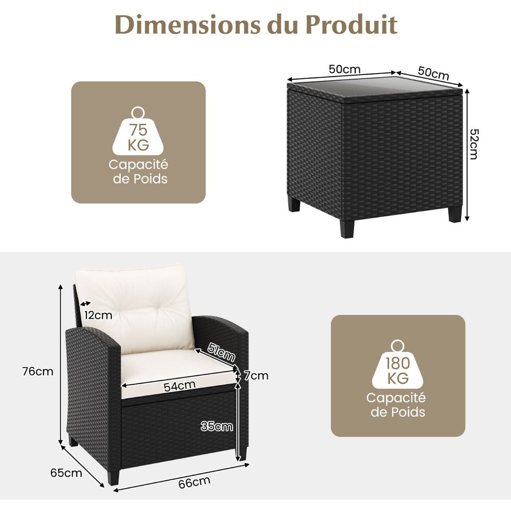 Ensemble de Meubles 3 Pièces de Patio en Rotin Charge 180KG Salon de Jardin 2 Fauteuils Table Basse avec Plateau Noir/Beige/Blanc -