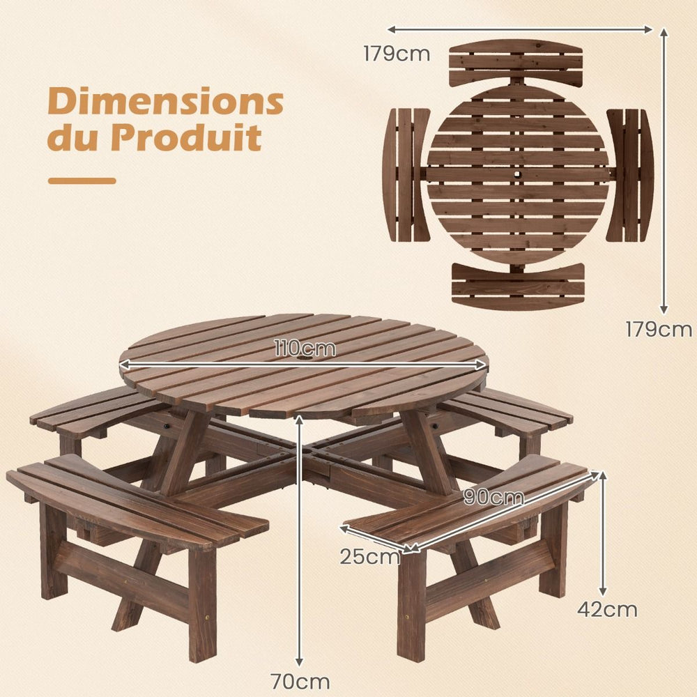 Ensemble Table de Pique-Nique en Bois pour 2 à 8 Personnes Set Table et Banc Circulaire avec 4 Bancs Intégrés Trou de Parasol de 5cm Marron/Jaune -