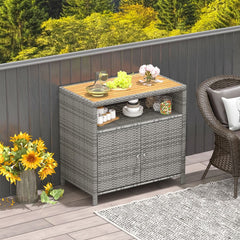 Armoire de Rangement Exterieur en Rotin Armoire de Jardin avec Plateau en Bois d'Acacia Compartiment Ouvert Buffet  2 Portes -