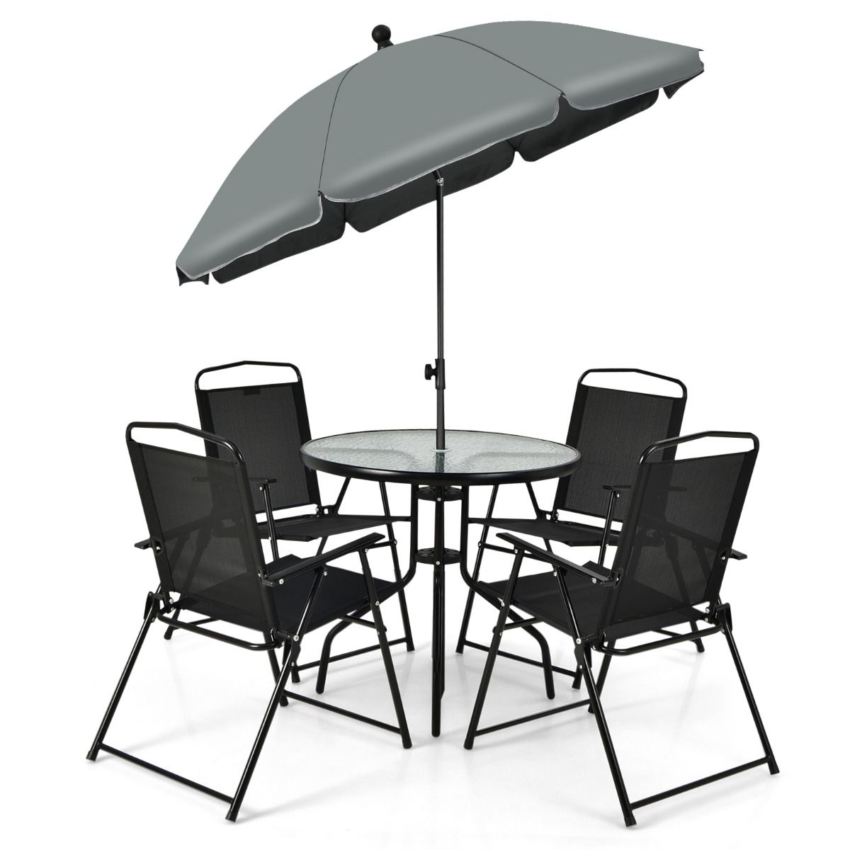 Ensemble Salon de Jardin 6 Pcs 4 Chaises Pliantes Table Basse en Verre et Parasol pour Terrasse Piscine Cour Noir -