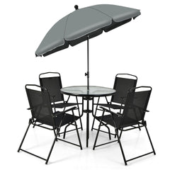 Ensemble Salon de Jardin 6 Pcs 4 Chaises Pliantes Table Basse en Verre et Parasol pour Terrasse Piscine Cour Noir -