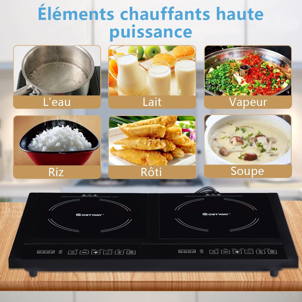 Double Plaque de Cuisson Electrique en Vitrocéramique 1800W+1800W 2 Zones 8 Niveaux de Température/Puissance Variables Noir -