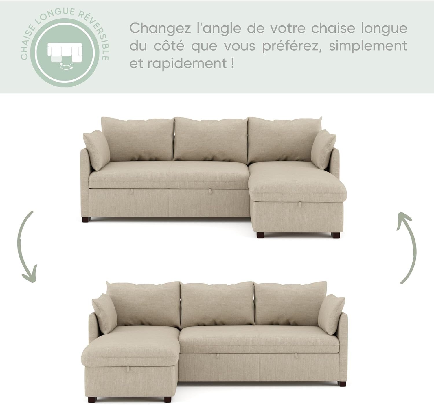 BUDWING Orlando Canapé Convertible d'angle Lit Chaise Longue Coffre Réversible Droite et Gauche Beige
