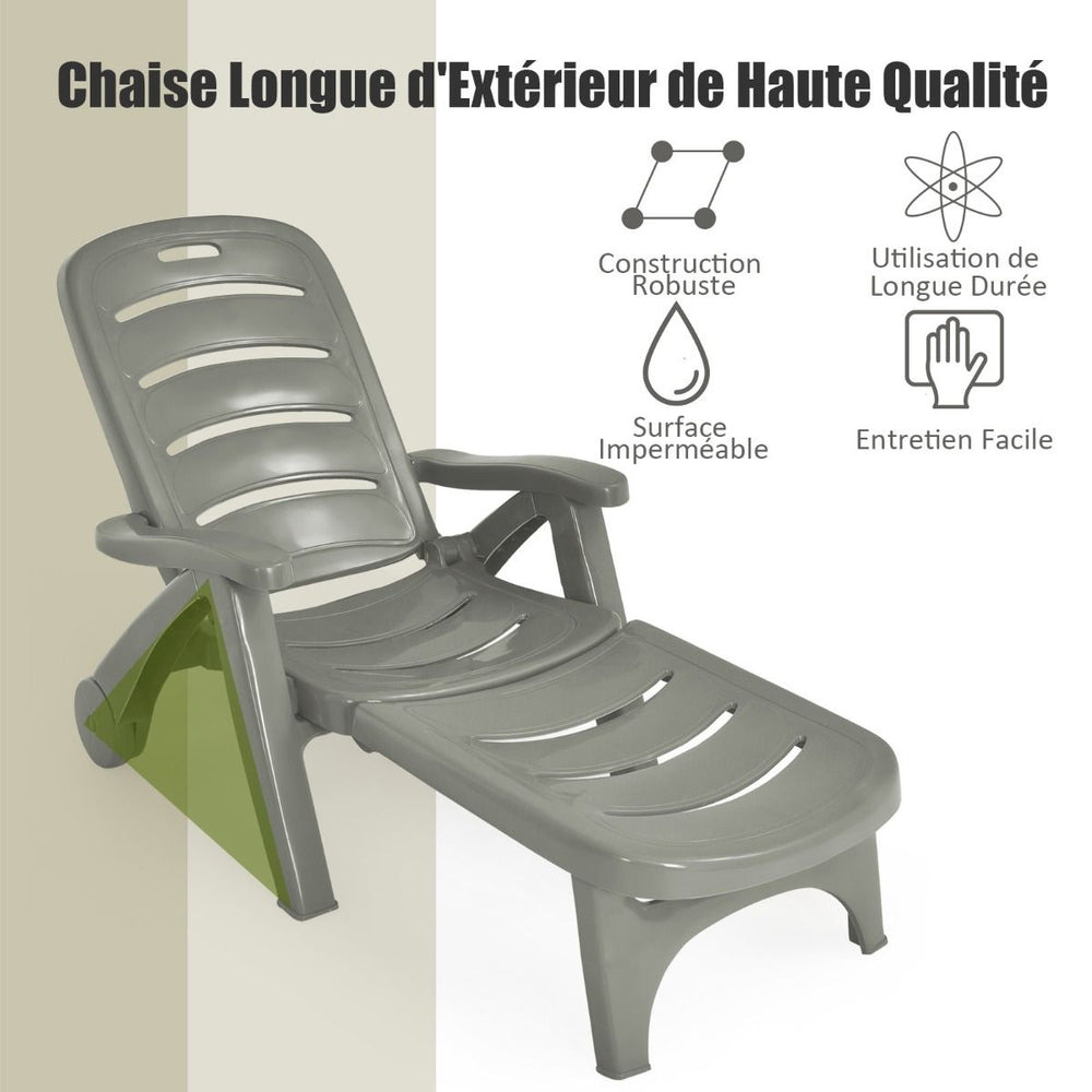 Chaise Longue Pliable Dossier Inclinable à 5 Positions avec Roues Intégrées pour Terrasse Jardin Piscine 150 kg Gris/Blanc/Bleu -