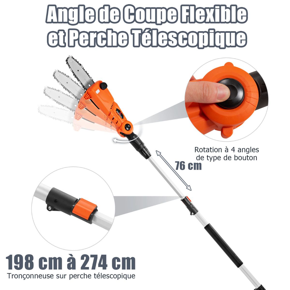 Élagueuse Télescopique sur Perche sans Fil 198 -274 cm Coupe Branche avec Batterie 20V et Chargeur Orange -