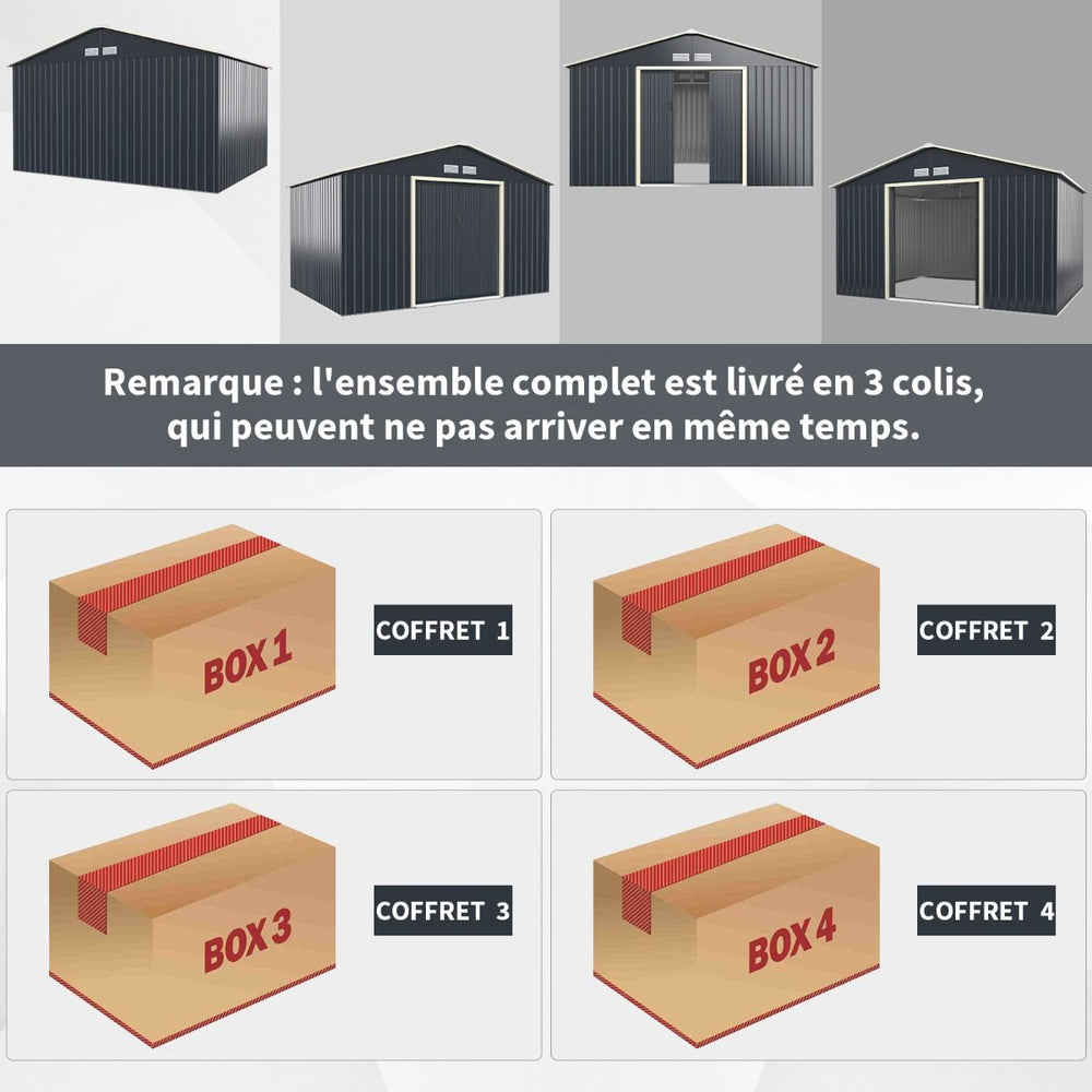 Abri de Jardin en Métal & Extension 10.85avec 2 Portes Coulissantes Verrouillables 4 Trous d’Aération Gris pour Vélo -