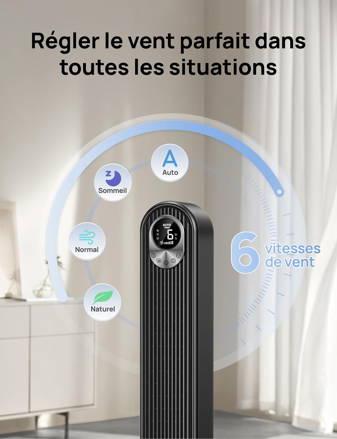 Dreo Ventilateur Colonne Silencieux, Puissant Vitesse 7,92 m/s, Ventilateurs Tour de 106cm avec Télécommande, 6 Vitesses, 4 Modes, Minuterie 12H, Oscillant à 90° pour Grande Chambre