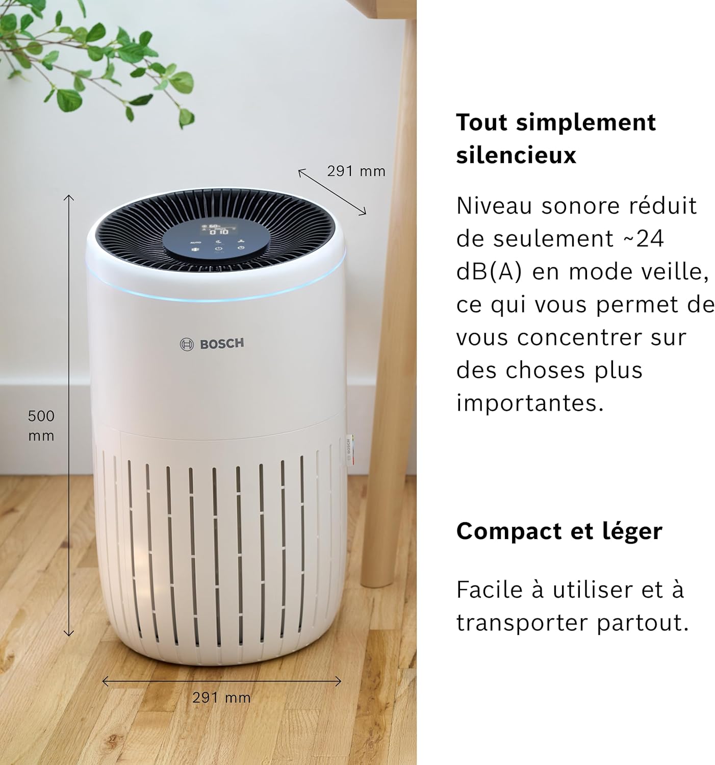 Bosch Air 4000i - Purificateur d'air intelligent - Couvre 62,5 m² - Filtre efficacement plus de 99% des polluants - Mode Auto/Sommeil (< 25 dB(A)) - CADR : 300 m³/h - Connectivité avec écran et app