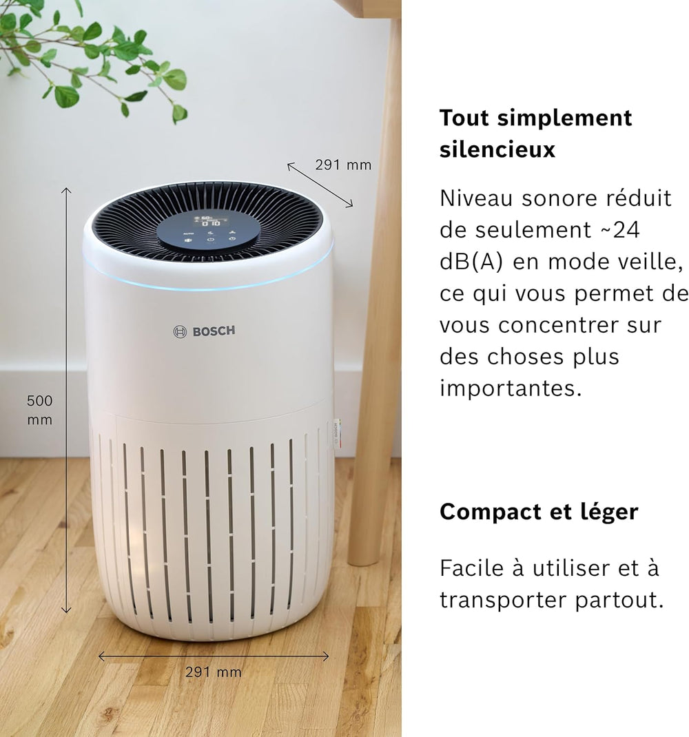 Bosch Air 4000i - Purificateur d'air intelligent - Couvre 62,5 m² - Filtre efficacement plus de 99% des polluants - Mode Auto/Sommeil (< 25 dB(A)) - CADR : 300 m³/h - Connectivité avec écran et app
