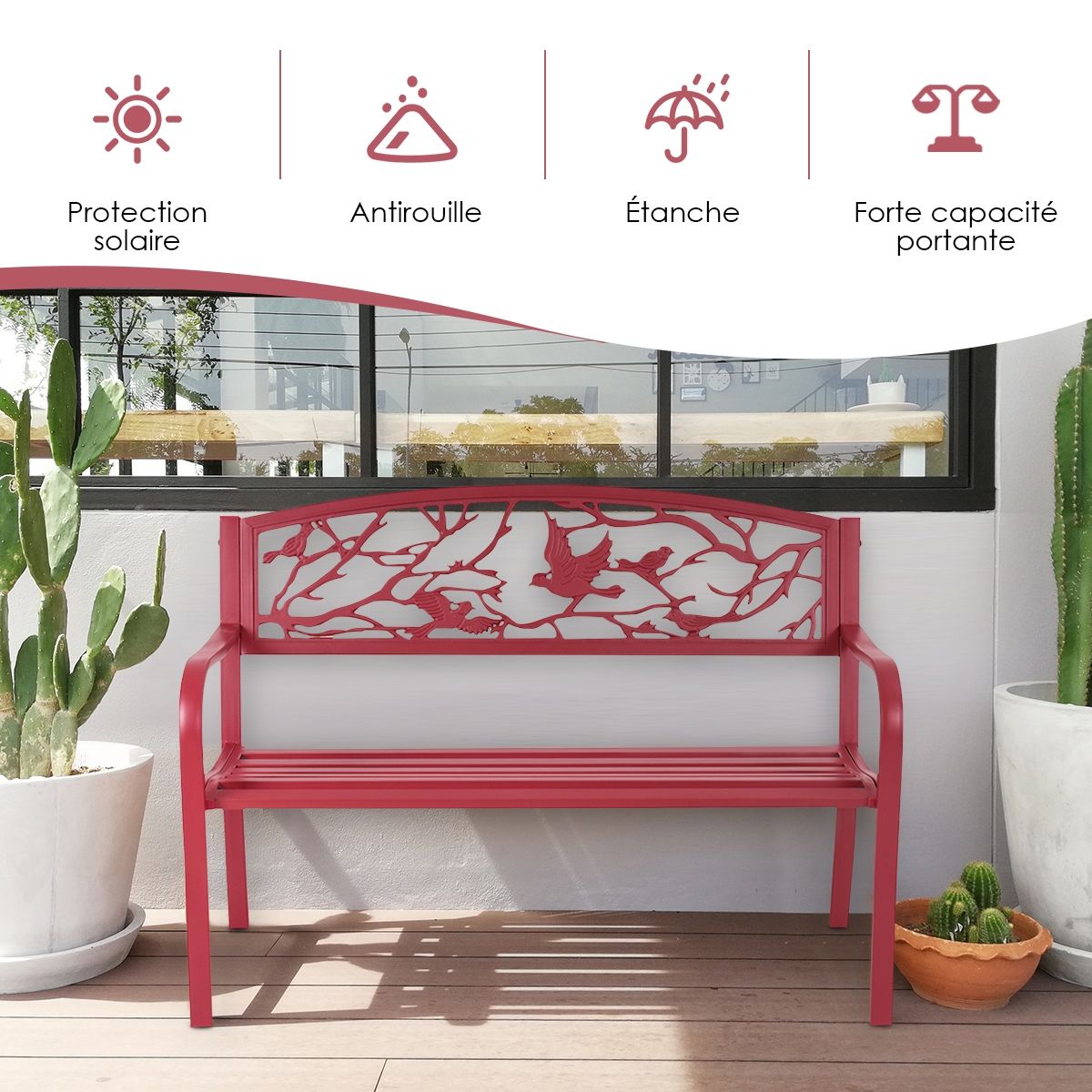 Banc de Jardin en Fer Résistant de Haute Qualité Style Contemporain 2-3 Places Parfait pour Extérieur 127x60x88cm Rouge -