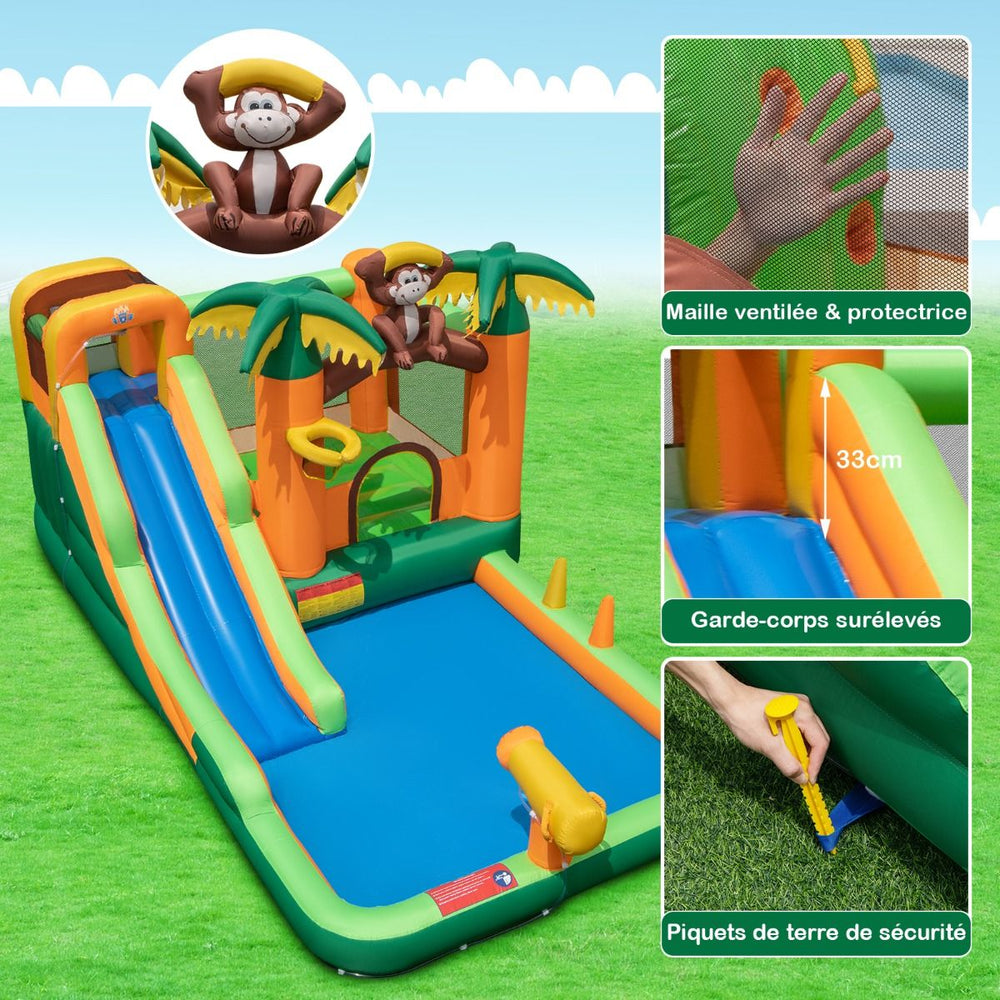 7 en 1 Ch芒teau Gonflable Tropical  Thme Singe & Palmier avec Toboggan Aquatique avec Piscine & 50 Boules Charge 90kg pour 2 Enfants de 3-10 Ans -