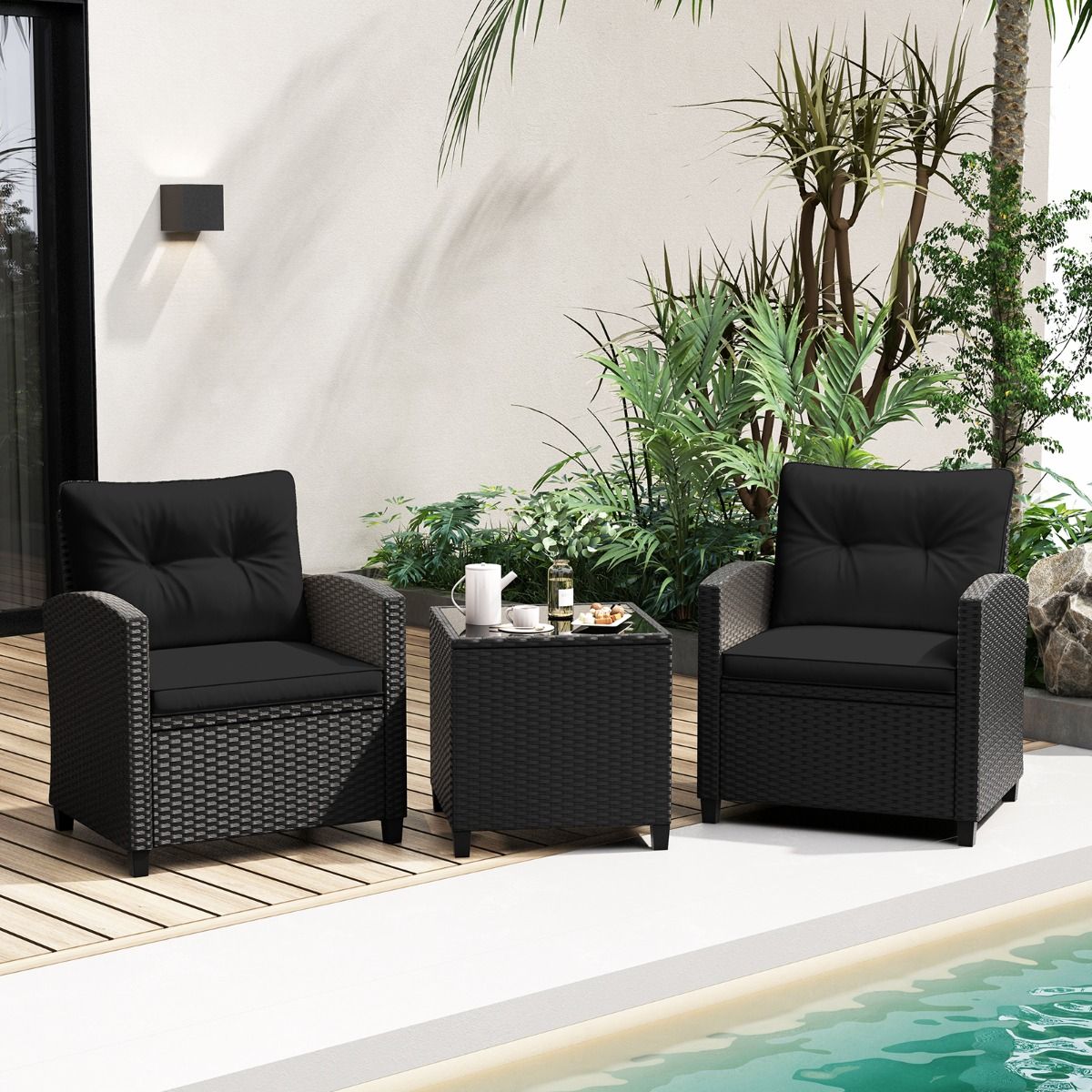 Ensemble de Meubles 3 Pièces de Patio en Rotin Charge 180KG Salon de Jardin 2 Fauteuils Table Basse avec Plateau Noir/Beige/Blanc -