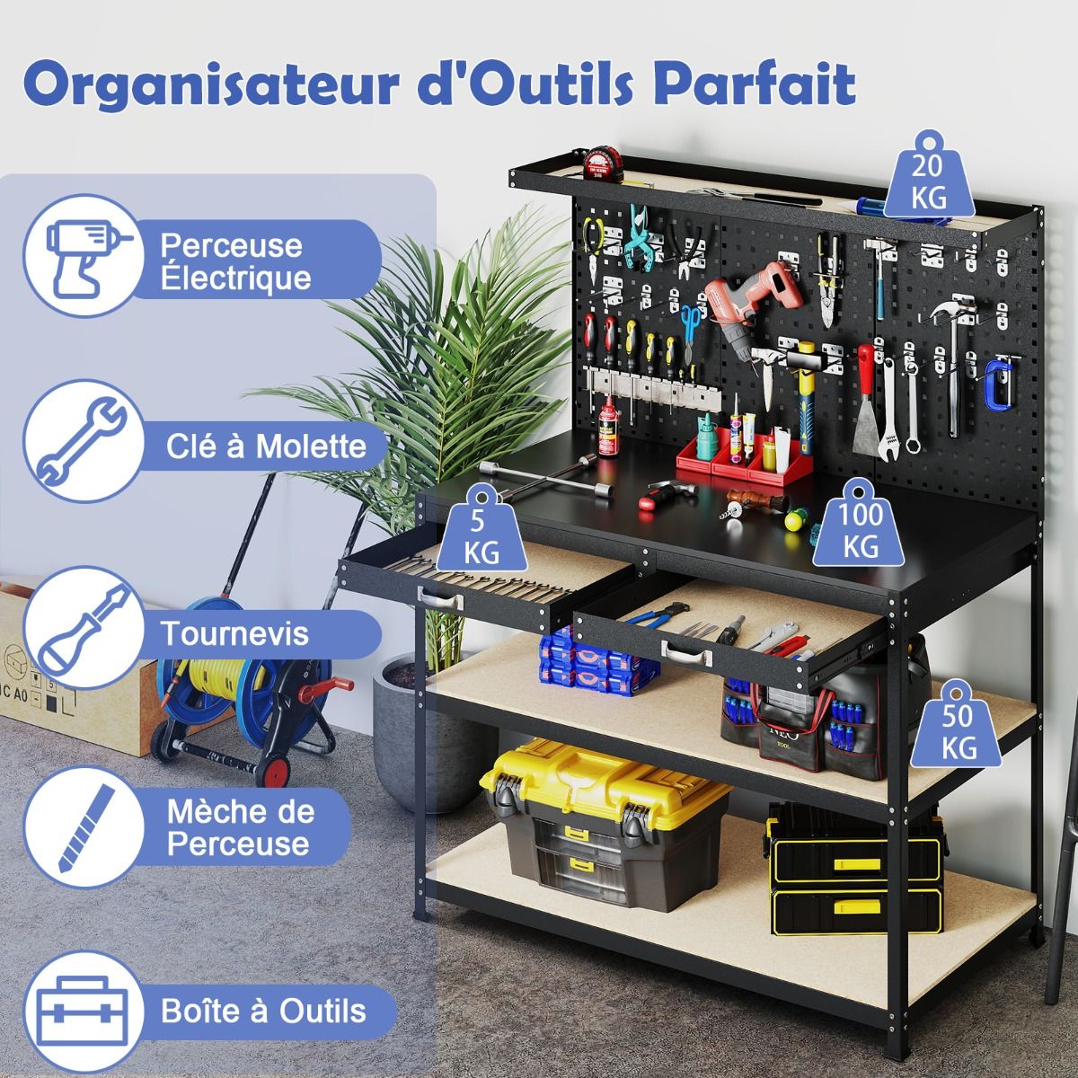 tabli de Bricolage 121 x 61 cm Table de Travail en Mtal de 230 kg avec 3 Panneaux Perfors 24 Accessoires de Suspension Noir/Bleu Marine -