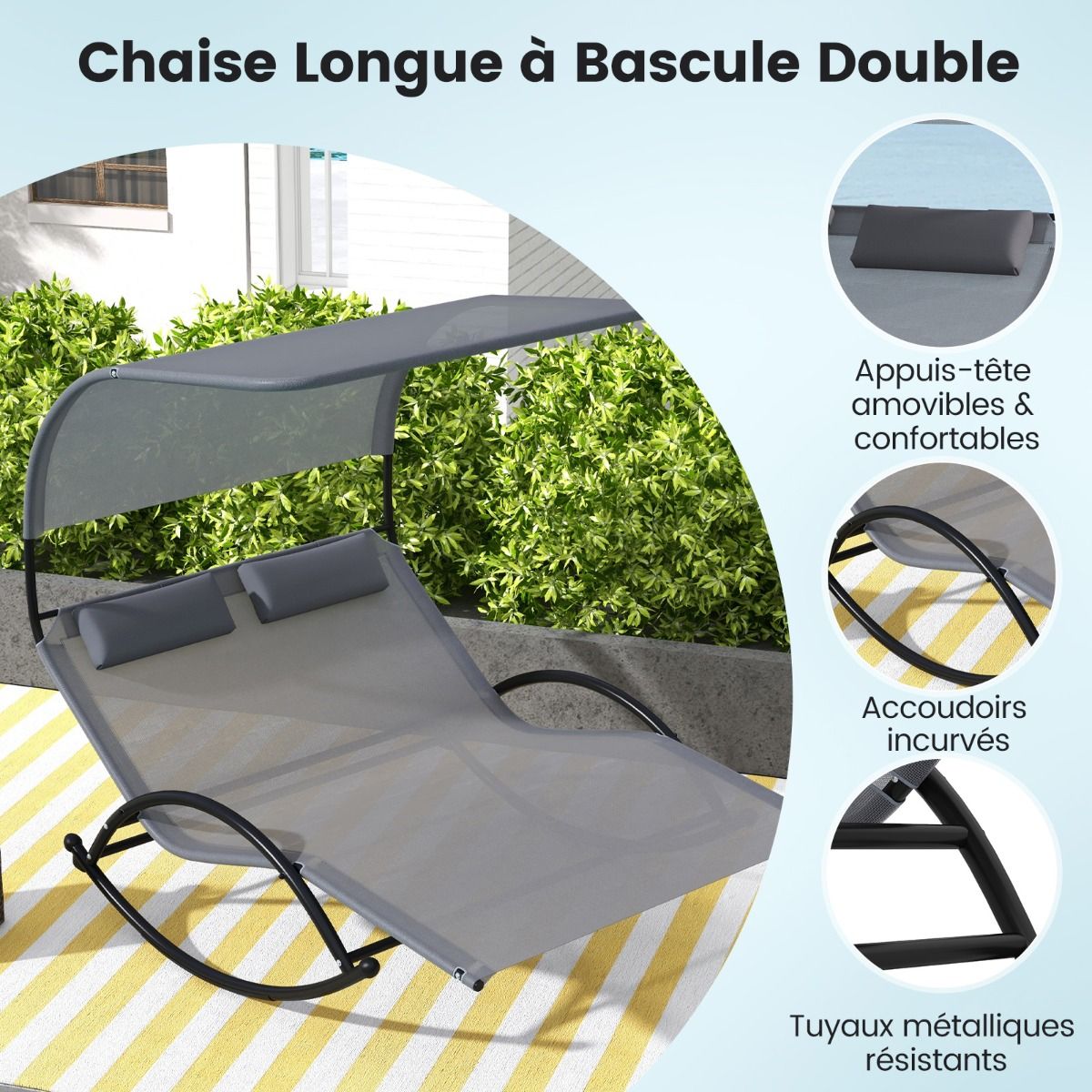 Chaise Longue Double Chaise  Bascule pour 2 Personnes 2 Appui-T锚tes Amovibles Cadre en Mtal Robuste Lit de Repos Ergonomique 2 Places Gris/Noir/Beige -