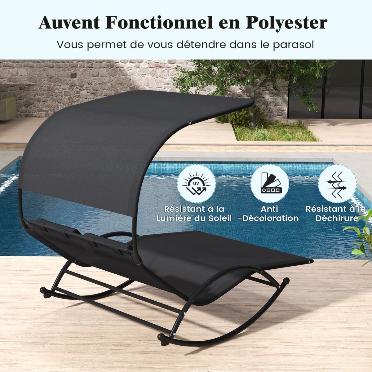 Chaise Longue Double Chaise  Bascule pour 2 Personnes 2 Appui-T锚tes Amovibles Cadre en Mtal Robuste Lit de Repos Ergonomique 2 Places Gris/Noir/Beige -
