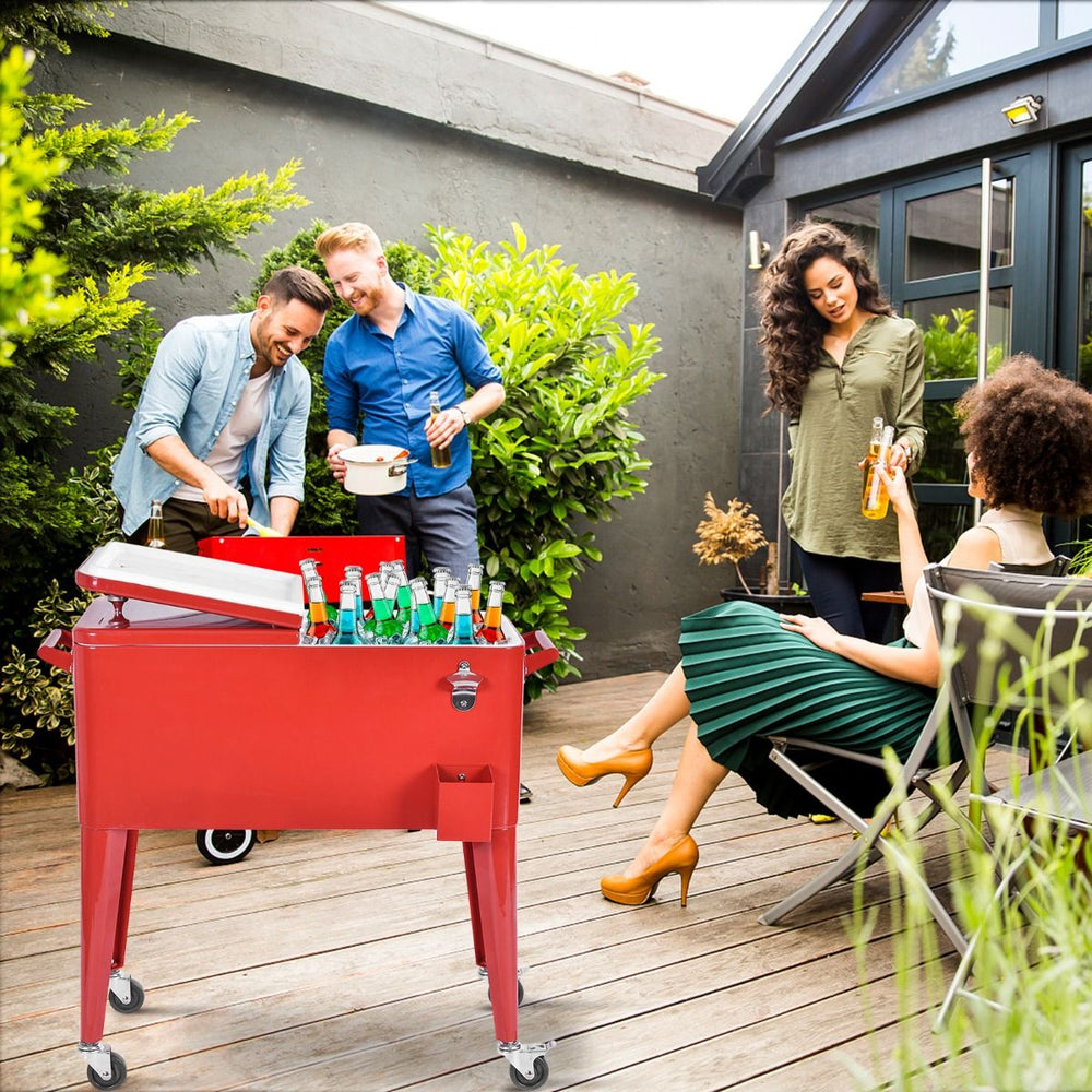 Chariot Isotherme Roulant de 76L Réfrigérant avec Roulettes Universelles Ouvre-bouteille Desserte Jardin pour Conserver Glace et Boissons -
