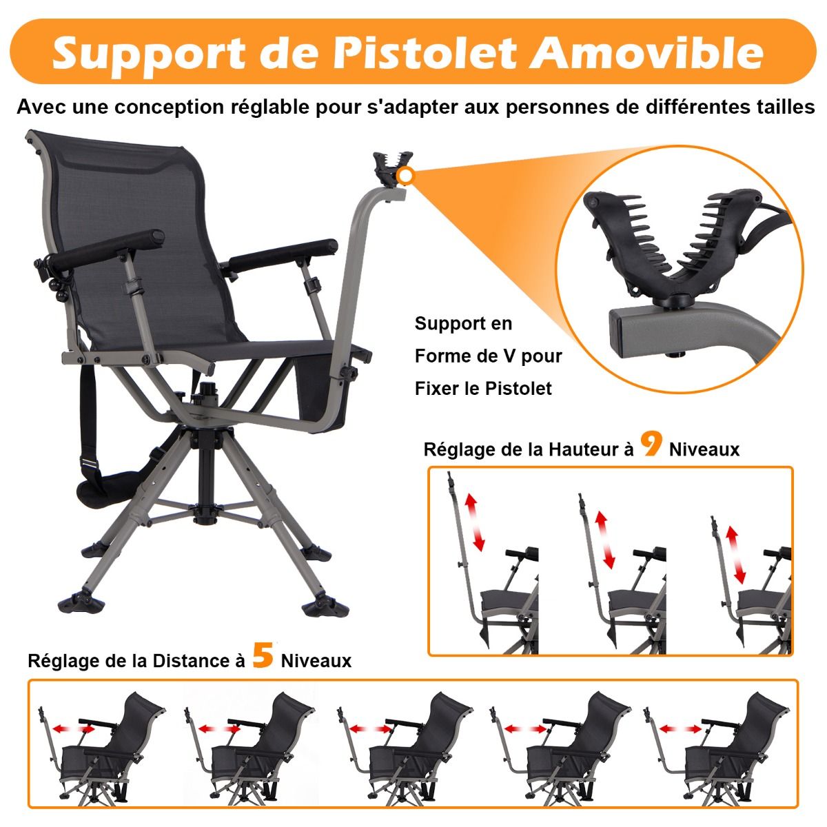 Chaise de Chasse Portable Chaise de Tir avec Sige de Pliable Rglables Rotation  360掳 Support de Fusil Rglable Charge 150 kg Noir -