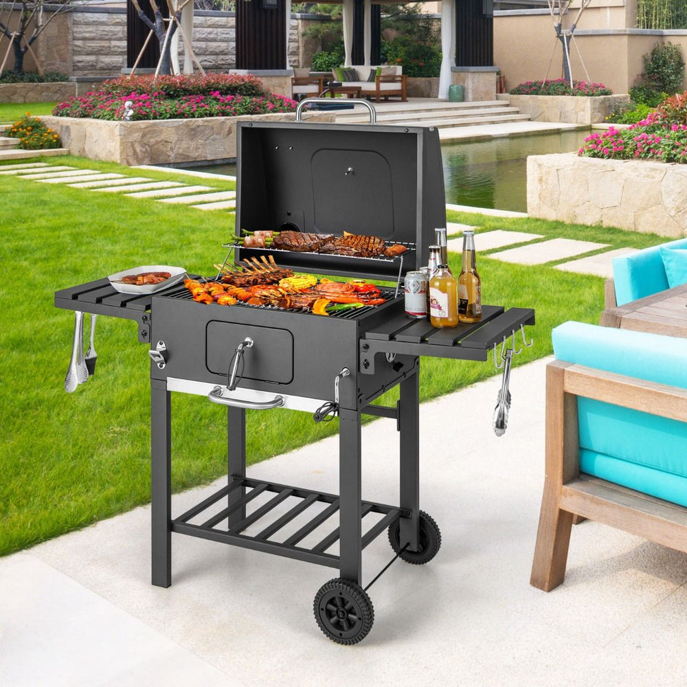 Barbecue à Charbon de Bois Portable avec 2 Tables d'Appoint Noir -
