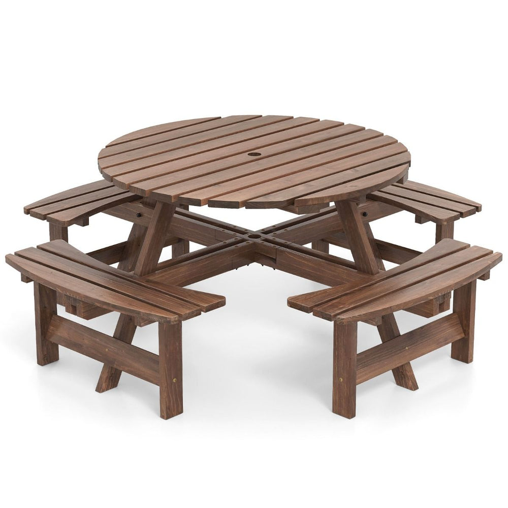 Ensemble Table de Pique-Nique en Bois pour 2  8 Personnes Set Table et Banc Circulaire avec 4 Bancs Intgrs Trou de Parasol de 5cm Marron/Jaune -