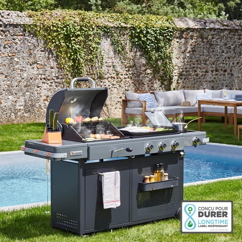 BRASERO - Barbecue Bi-Energy Gun Metal XL - Barbecue Charbon et Plancha 60 x 42 cm à gaz avec brûleur latéral -12,95 KW