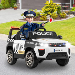Voiture de Police Electrique Alimente par Batterie 12 V/7 A Tlcommande Connexion Sans Fil Musique Klaxon Sirne Lumires LED Blanc -