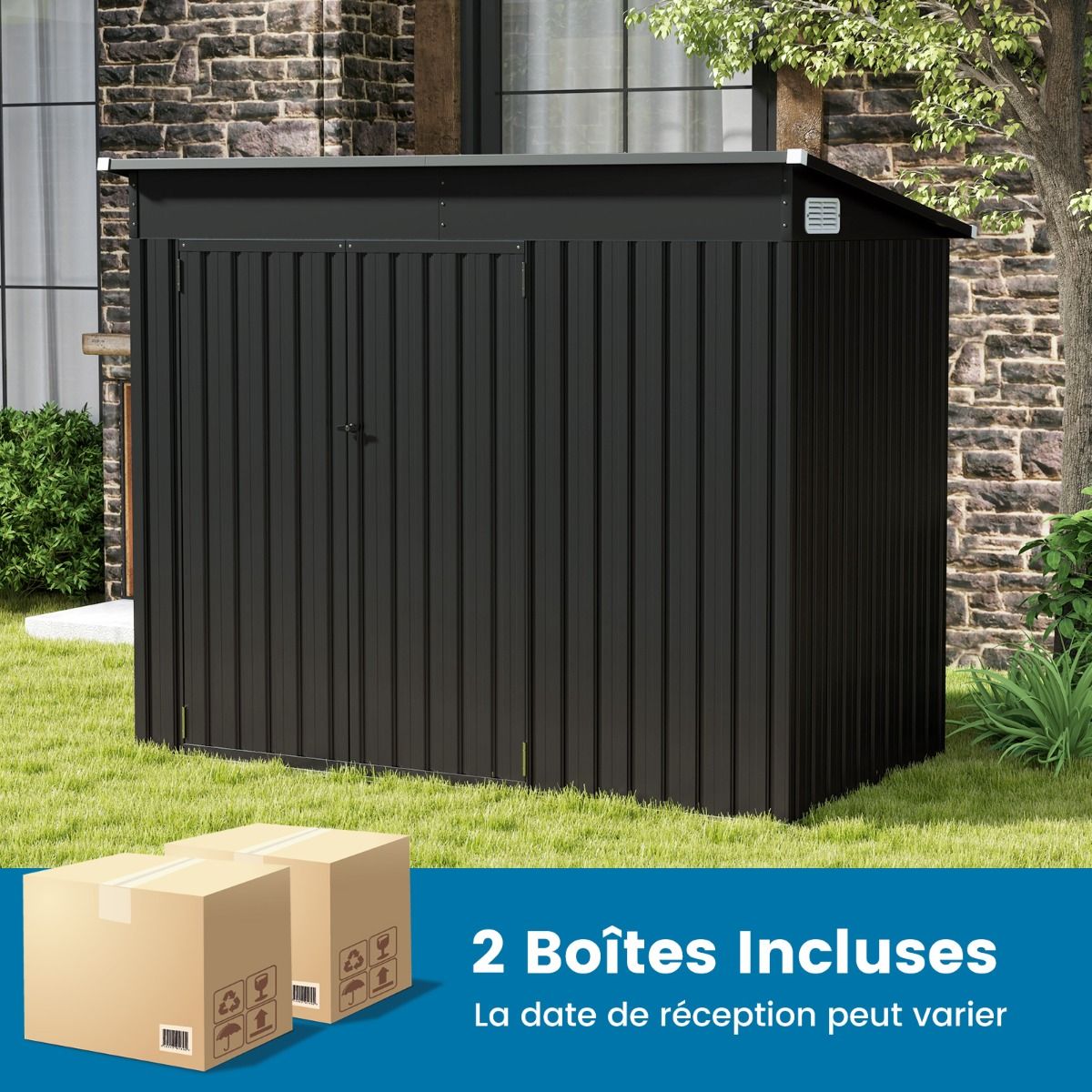 Abri de Jardin Extrieur Abri  Outils de Jardin avec 2 Portes Design Inclin Arations Cadre en Mtal Galvanis 235x117x185cm Gris Fonc -