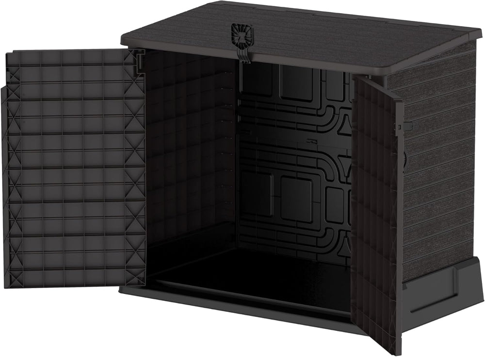 Duramax StoreAway 1200L Plastic Garden Shed/ Flat Lid,Outdoor Storage Shed,Wheelie Bin Hideaways,Wheelie bin box,Durable Construction,Ideal for Bikes,BBQs & 2x 240L Bins,145x85x125 cm,Brown