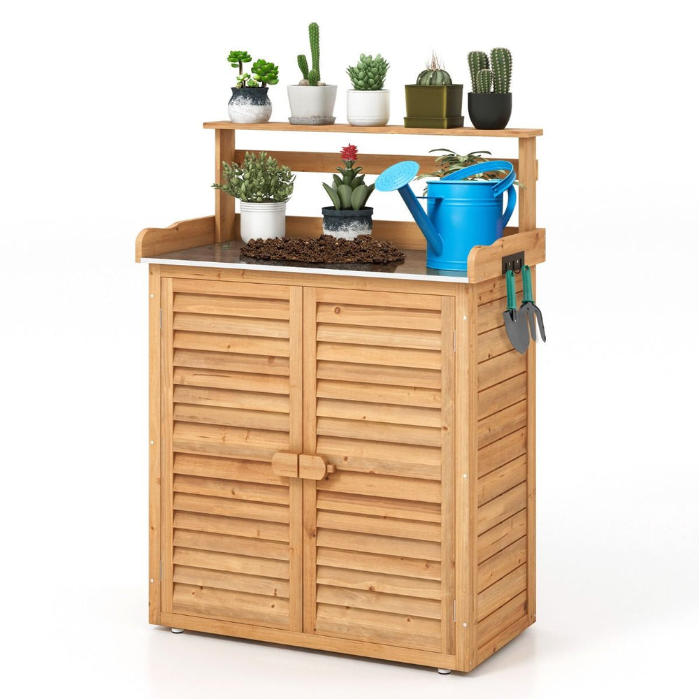 Banc d'Empotage d'Extérieur Table de Jardinage avec Comptoir en Métal Galvanisé 3 Crochets de Suspension Etagères Amovibles Naturel -