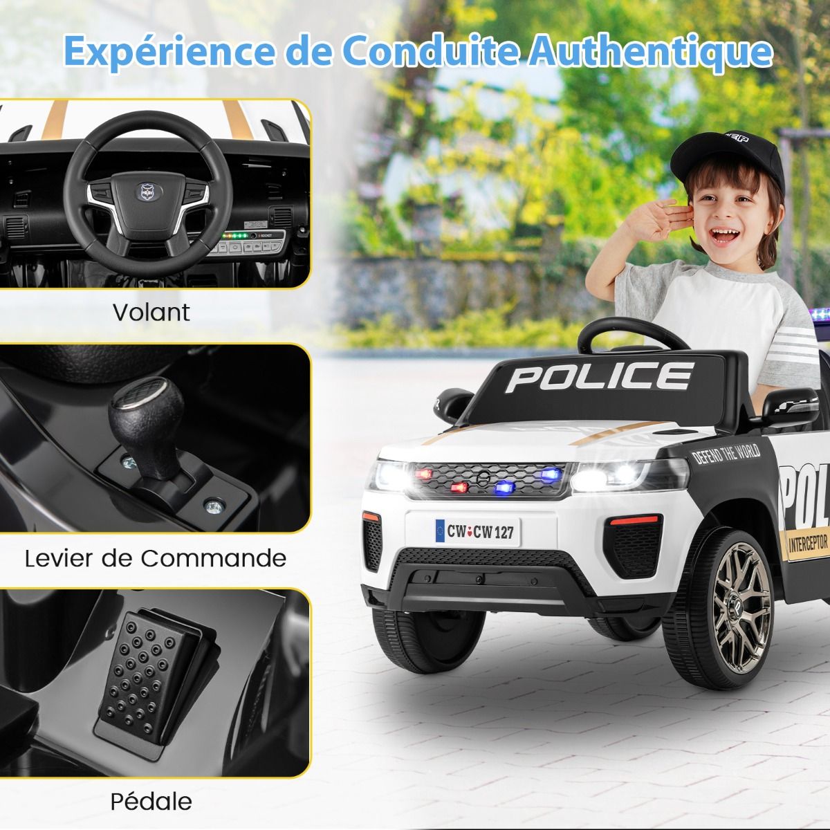 Voiture de Police Electrique Alimentée par Batterie 12 V/7 A Télécommande Connexion Sans Fil Musique Klaxon Sirène Lumières LED Blanc -