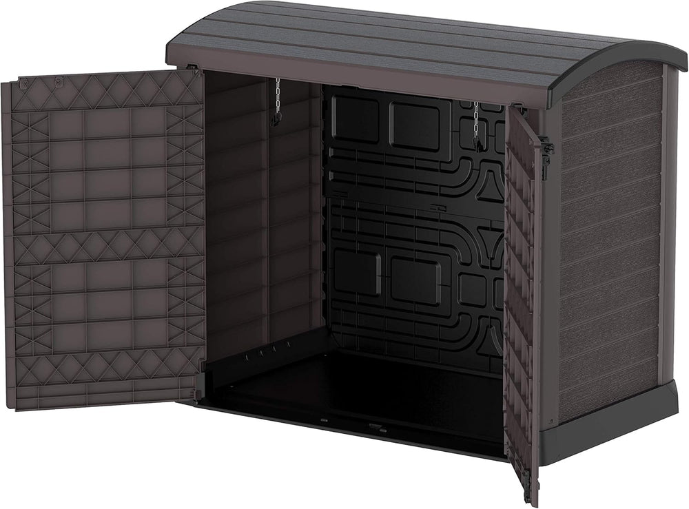 Duramax StoreAway 1200L Plastic Garden Shed/ Flat Lid,Outdoor Storage Shed,Wheelie Bin Hideaways,Wheelie bin box,Durable Construction,Ideal for Bikes,BBQs & 2x 240L Bins,145x85x125 cm,Brown