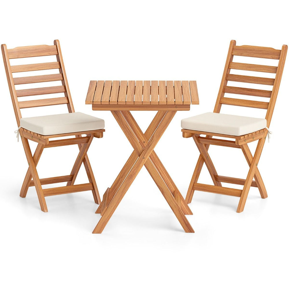 Ensemble Bistrot d'Extérieur en Bois d'Acacia Ensemble de Chaises Pliantes et Table Coussins de Siège Sans Accoudoirs à Dossier Haut Blanc -