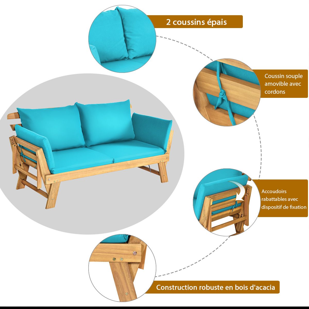 Chaise Longue Convertible avec Coussin Canapé de Jardin 2 en 1 en Bois d’Acacia avec Accoudoir Réglable pour Patio Piscine Jardin Blanc/Gris/Bleu/Rouge -