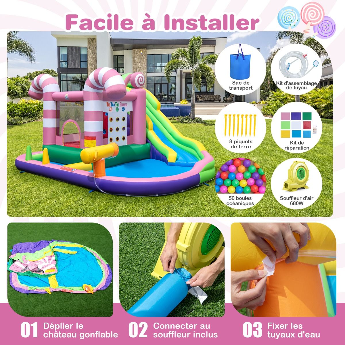 9 en 1 Château Gonflable en Forme Bonbons avec Toboggan Maison de Saut Gonflable avec Pistolet à Eau Charge 90kg pour 2 Enfants de 3-10 Ans -