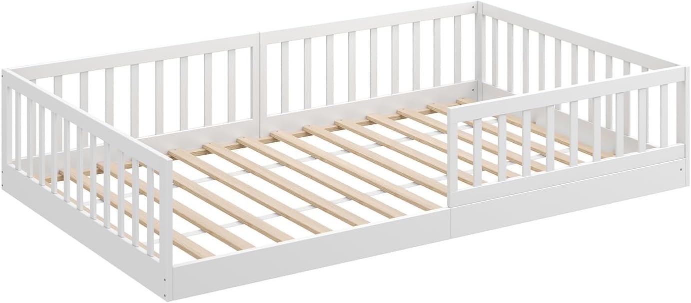 CADANI Timi 2en1 Lit au Sol 120x200 cm Lit Enfant Montessori avec Barrière de Sécurité et Sommier à Lattes, Bois Massif Pin, Blanc, 3 Variantes de Construction, Transformable
