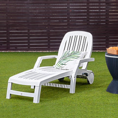 Chaise Longue Inclinable Rglable  5 Positions avec Roues Flexibles Fauteuil Relax de Camping avec Bo卯te de Rangement Charge 150KG Blanc -