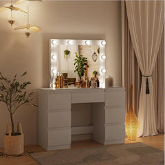 Coiffeuse Blanche avec Miroir LED - 7 Tiroirs -